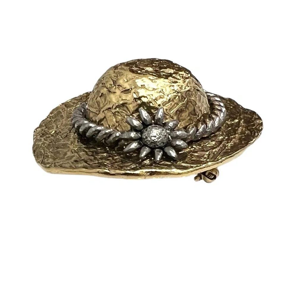 VINTAGE PREMIER DESIGNS CROWN GOLD TONE SUN HAT W FLOWER BROOCH - MISSING PIN